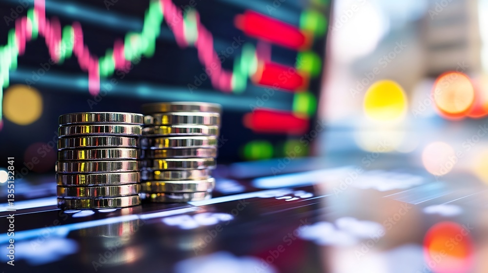 Aufkleber Piles of coins with stock market trends and financial graphs representing investment and wealth accumulation : Generative AI