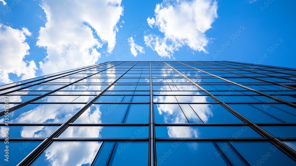 Aufkleber modern glass skyscraper reflecting the blue sky and fluffy clouds creating a dazzling cityscape : ge