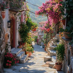 Obraz premium Greek village street with flowers high resolution picture