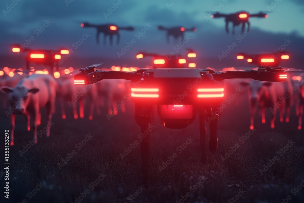 Aufkleber Fleet of autonomous drones monitoring cattle with advanced sensors for efficient farm management in a futuristic landscape