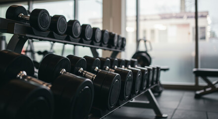 Photograph of a gym's weight rack, taken from a low angle, showing rows of black dumbbells with silver handles arranged neatly on the rack