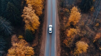 An overhead shot of a white car traveling on a picturesque road surrounded by autumn trees : Generative AI