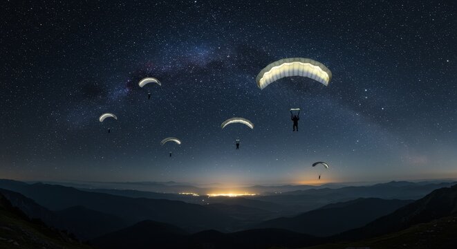 Starry Night Parachuters Landscape - Night sky, parachutes, adventure, freedom, exploration. Symbolizing dreams, courage, exploration, serenity, and freedom