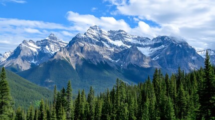 Fototapeta premium Majestic mountain range under a blue sky with lush green forest showcasing the beauty of nature : Generative AI