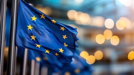 Waving blue European Union flags fluttering with a soft bokeh background representing unity and cooperation : Generative AI