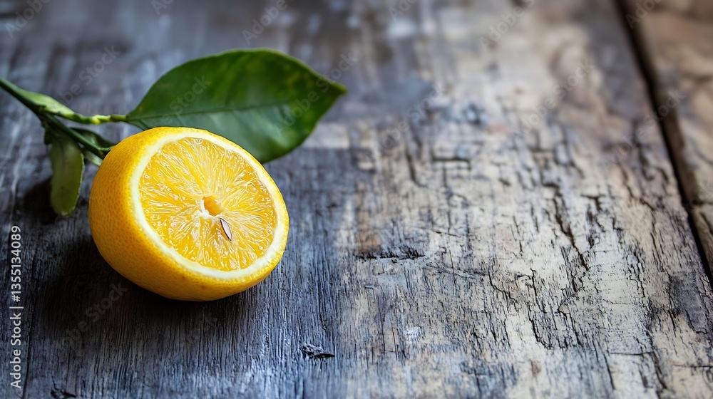 Aufkleber freshly cut yellow lemon half laying on rustic wooden table with natural light highlighting its text