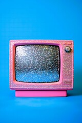 Pink, old, retro TV with glitter on a baby blue background. Retro, happy, nostalgia vibe.
