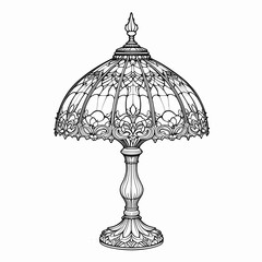 Ornate Tiffany-Style Table Lamp in Vintage Aesthetic Black and White Line Art