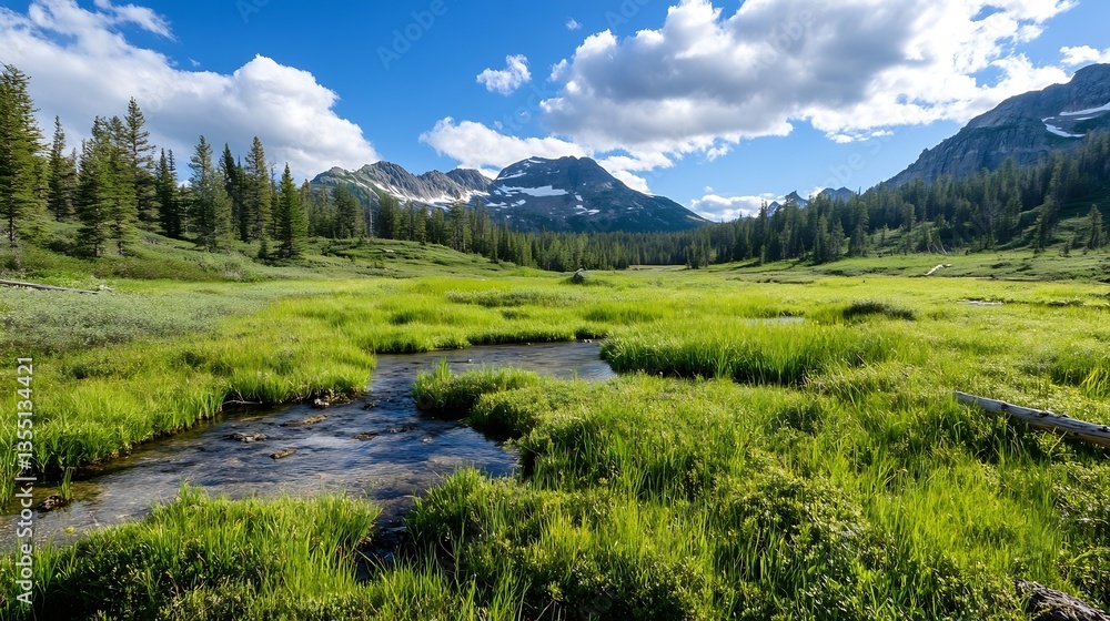 Poster breathtaking view of a lush valley with a sparkling stream and majestic mountains : generative ai