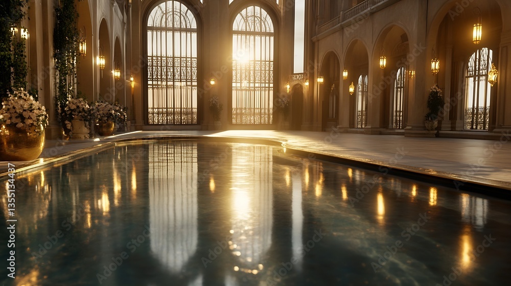 Poster elegant interior view of luxurious swimming pool with sunlight reflecting through large windows : ge