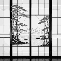 Traditional Japanese Landscape on Shoji Screen in Monochrome Representing Serene Nature