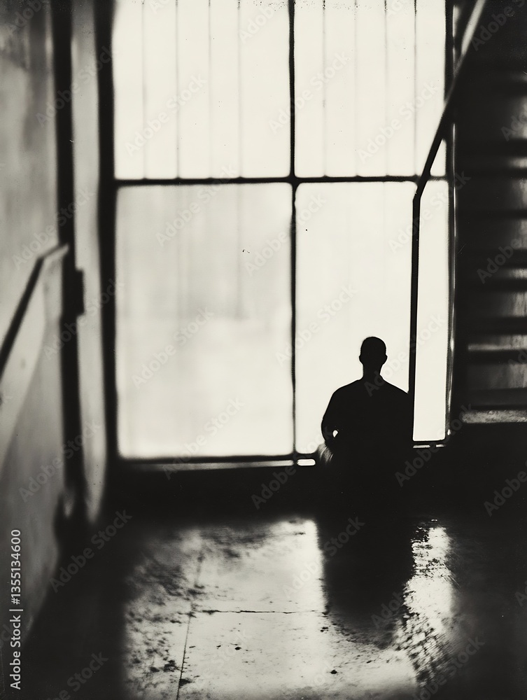 Poster Dark silhouette figure sitting on a floor near a large window with soft light casting shadows for a dramatic effect : Generative AI
