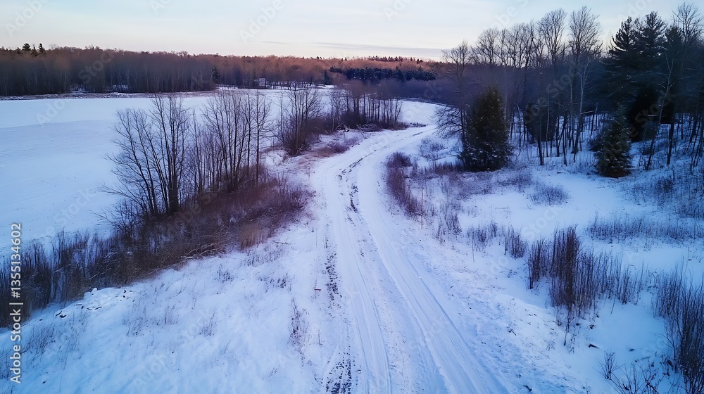 Poster a serene winter landscape showing a snowy path along a frozen lake surrounded by trees : generative 
