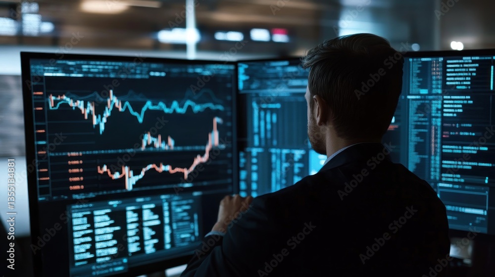 Poster night stock market trader analyzing data on dual monitors