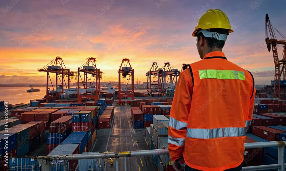 Poster sea or ocean port ships and containers at sunset with backview of an engineer worker wearing orange 