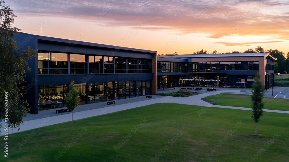 Poster modern building exterior with large windows and beautiful sunset reflecting in the sky : generative 