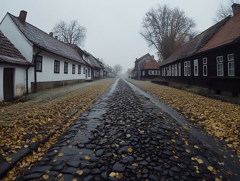 A foggy day shows an old cobblestone street with houses - Powered by Adobe