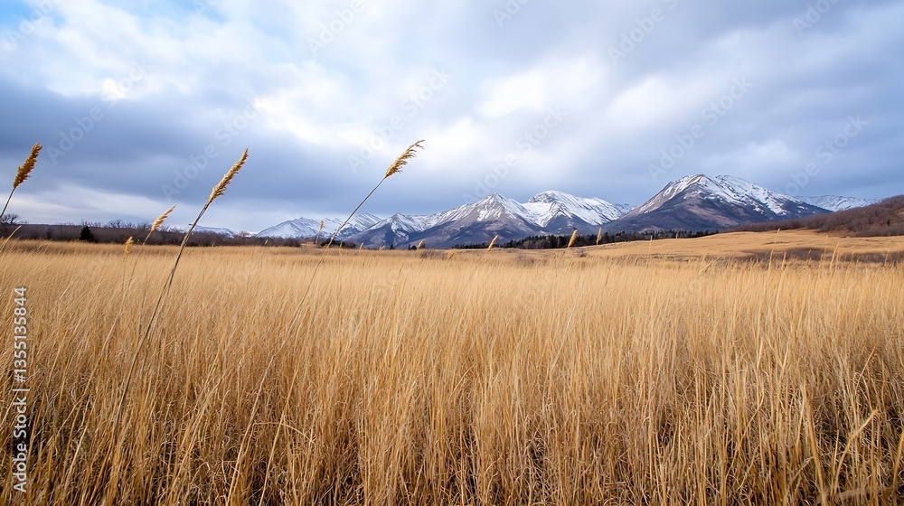 Poster Golden field of tall grass with distant mountains under a cloudy sky : Generative AI