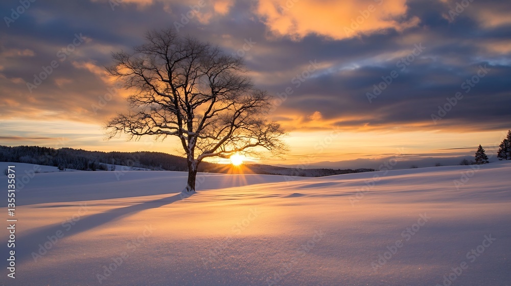 Poster stunning winter sunset with a lone tree casting long shadows over soft snow : generative ai