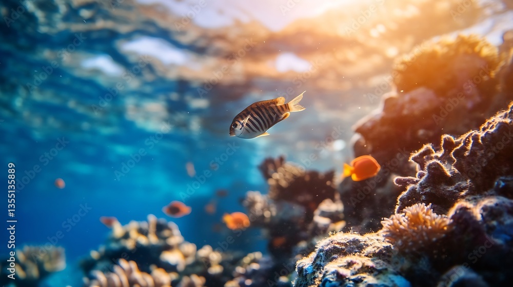 Poster vibrant underwater scene featuring colorful fish and coral reefs illuminated by sunlight : generativ