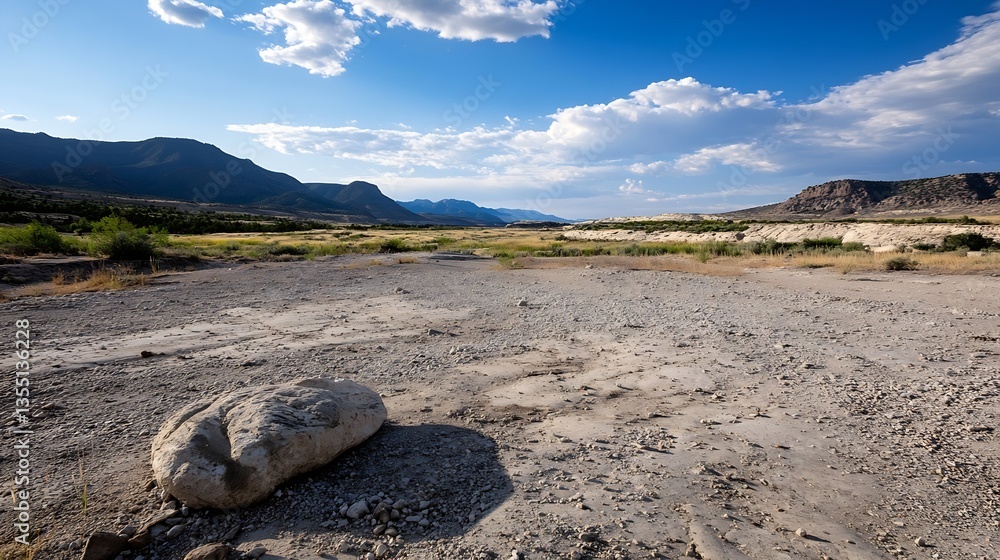 Poster sparse desert landscape featuring dry earth and rocky outcrops under a vast sky : generative ai