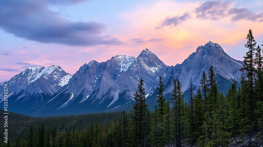 Poster majestic mountain range at sunset with vibrant sky and silhouettes of evergreen trees in the foregro