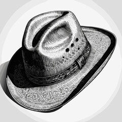 Embroidered Cowboy Hat in Detailed Line Art Style in Black and White Representing Western Fashion Accessory