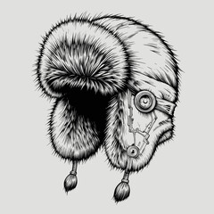 Furry Winter Hat with Mechanical Elements in Detailed Ink Style Representing Steampunk Fashion