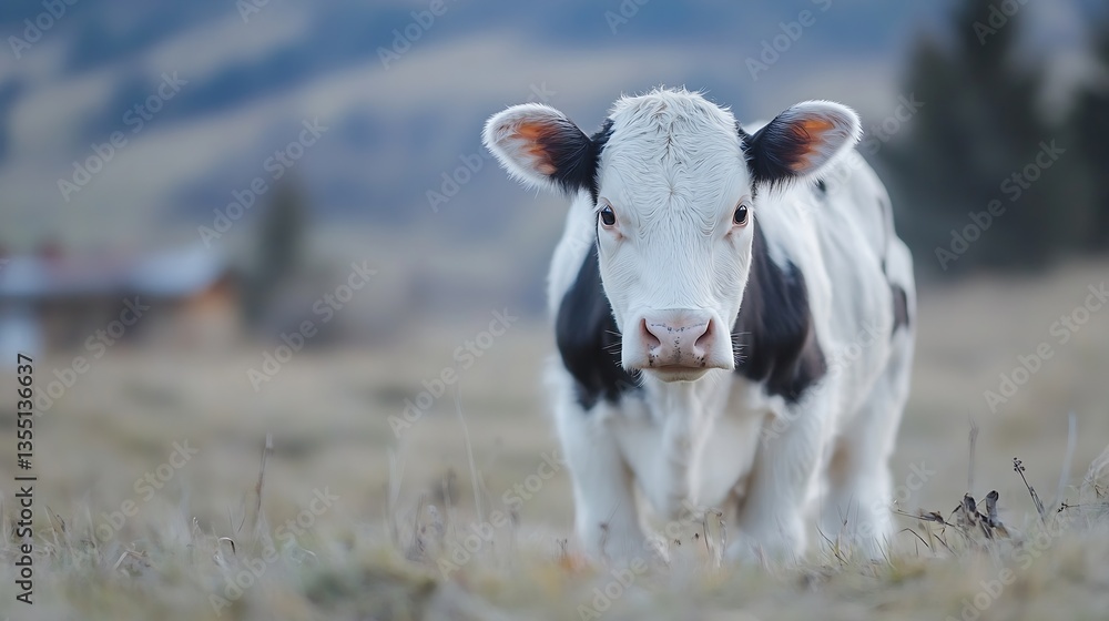 Aufkleber curious young calf standing in a vast green field looking directly at the camera : generative ai