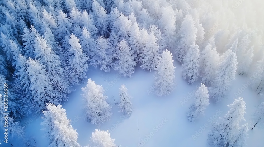 Aufkleber aerial view of frosty evergreen trees blanketed in fresh snow on a tranquil winter day : generative 