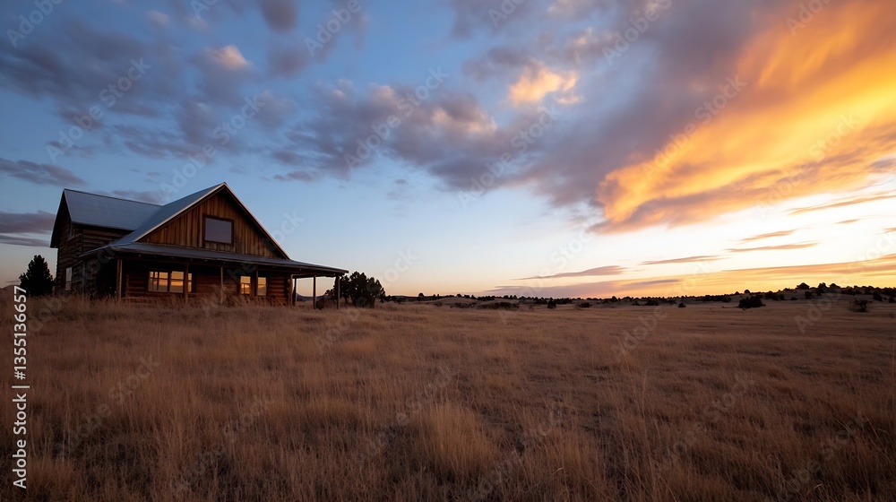 Poster Beautiful sunset over a rustic cabin in a grassy field creating a serene landscape : Generative AI