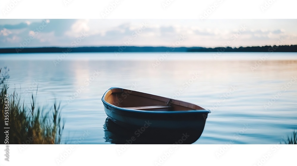 Poster serene wooden boat floating on calm water under a beautiful cloudy sky capturing tranquility : gener