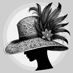 Elegant Woman Silhouette with Ornate Filigree Hat against Light Gray Background