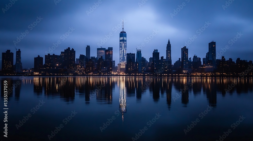 Poster skyline of new york city illuminated at dusk with reflective water creating a dramatic scene : gener
