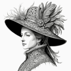 Ornate Hat Woman with Pensive Expression Creating Vintage Elegance against Plain Background