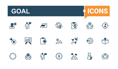 Goal line icon. It contains symbols to vision, strategy, success, leadership, business, target, climb and more. Mission icon set. Modern linear icons. Vector line and solid icons.
