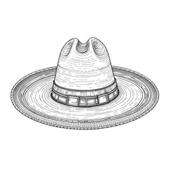 Wide-Brimmed Straw Hat in Detailed Hand-Drawn Style in Monochrome Representing Craftsmanship