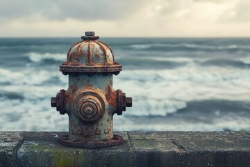 Fototapeta premium Rusty fire hydrant stands solitary against a backdrop of turbulent ocean waves.