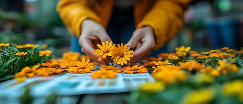 Woman plants yellow flowers outdoors - Powered by Adobe