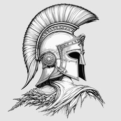 Ancient Greek Warrior Helmet Engraved Drawing in Detailed Line Art for Historical Collection