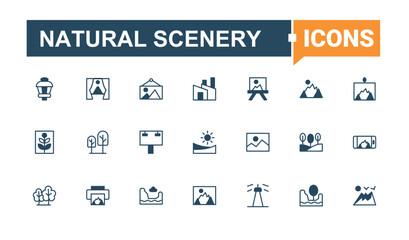 Natural Scenery simple icon. Pack of cape, mountain, building, garden, field, hill and more. Landscape icon set. Outline icons collection. Signs for web and mobile app.