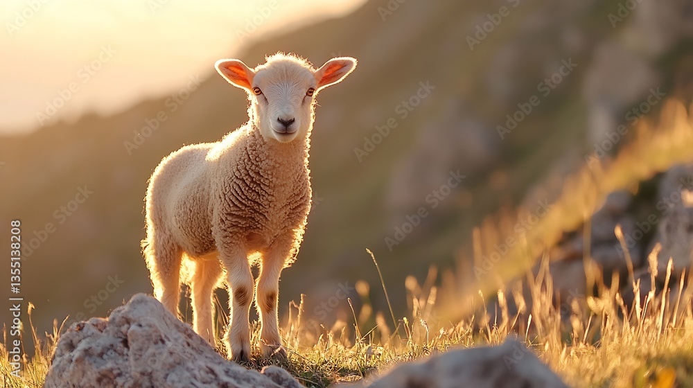 Poster adorable sheep standing on a grassy hillside with golden sunlight illuminating its wool : generative