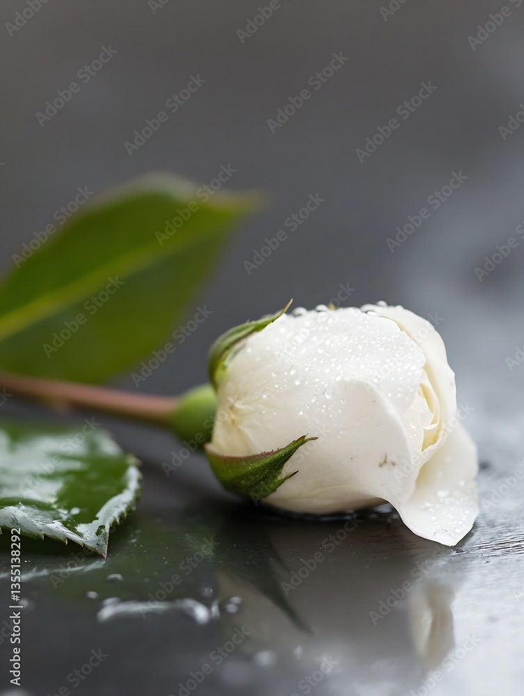 Poster elegant white rose with dew drops resting on a reflective surface highlighting its beauty : generati