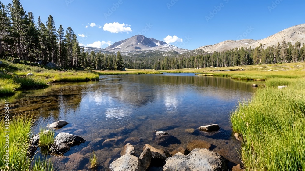 Aufkleber breathtaking view of a serene lake surrounded by towering mountains and lush greenery during dayligh