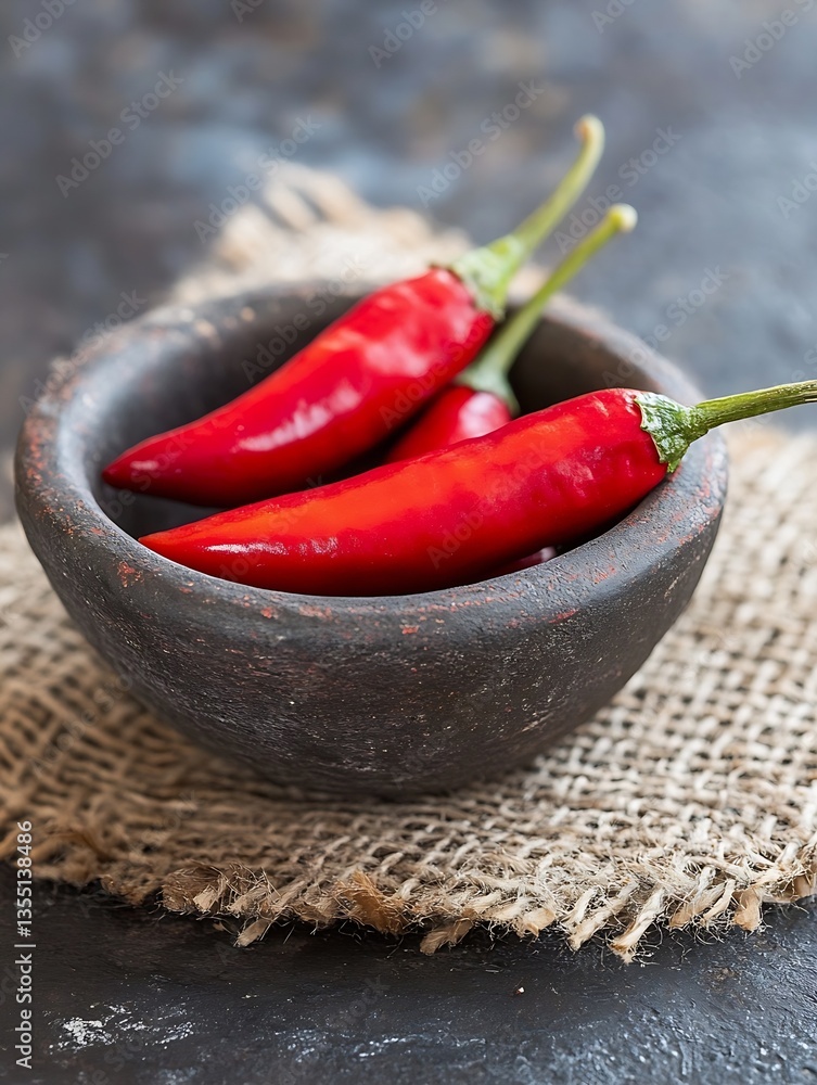 Poster vibrant red chilies in an earthen bowl on a rustic cloth creating a spicy culinary essence : generat