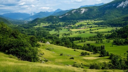 Fototapeta premium Expansive green valley surrounded by majestic mountains under a beautiful sky in nature : Generative AI