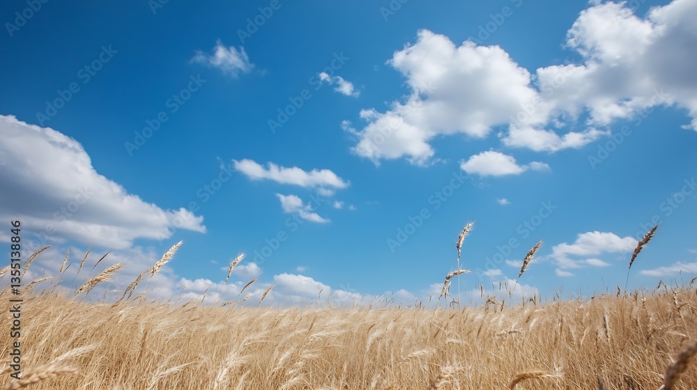 Poster expansive golden grass field under a bright blue sky with fluffy clouds creating a picturesque lands