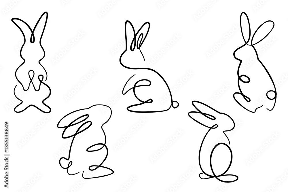 Poster hand drawn line art bunnies with continuous line. rabbits linear sketch set.