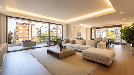 Fototapeta premium Stylish modern living room with large windows showcasing urban cityscape views : Generative AI