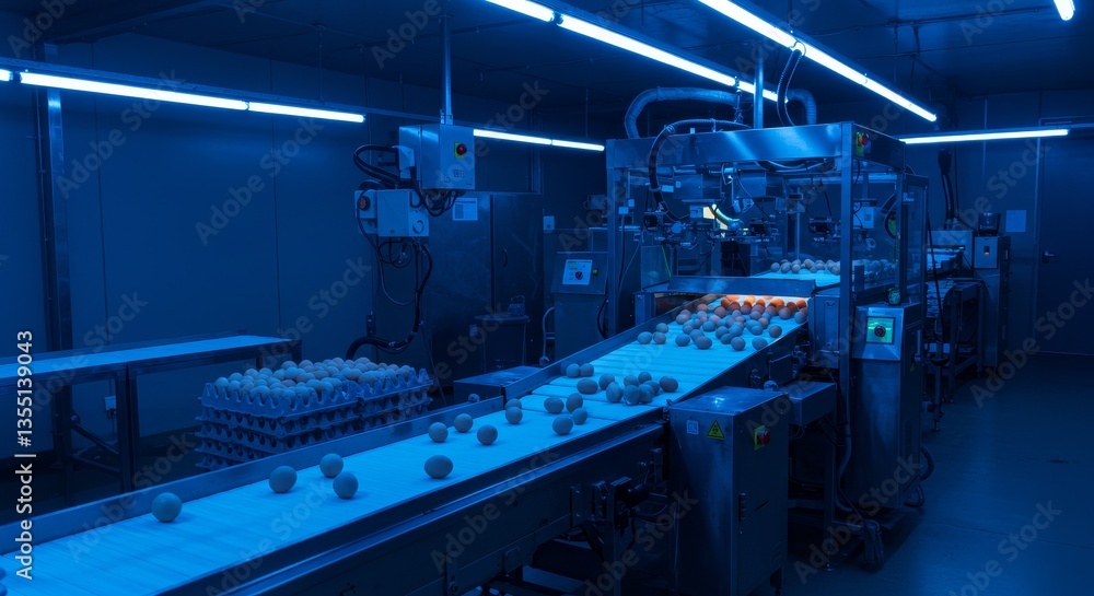 Poster tech egg sorting: automated process under blue uv light - modern facility, automated egg sorting, bl